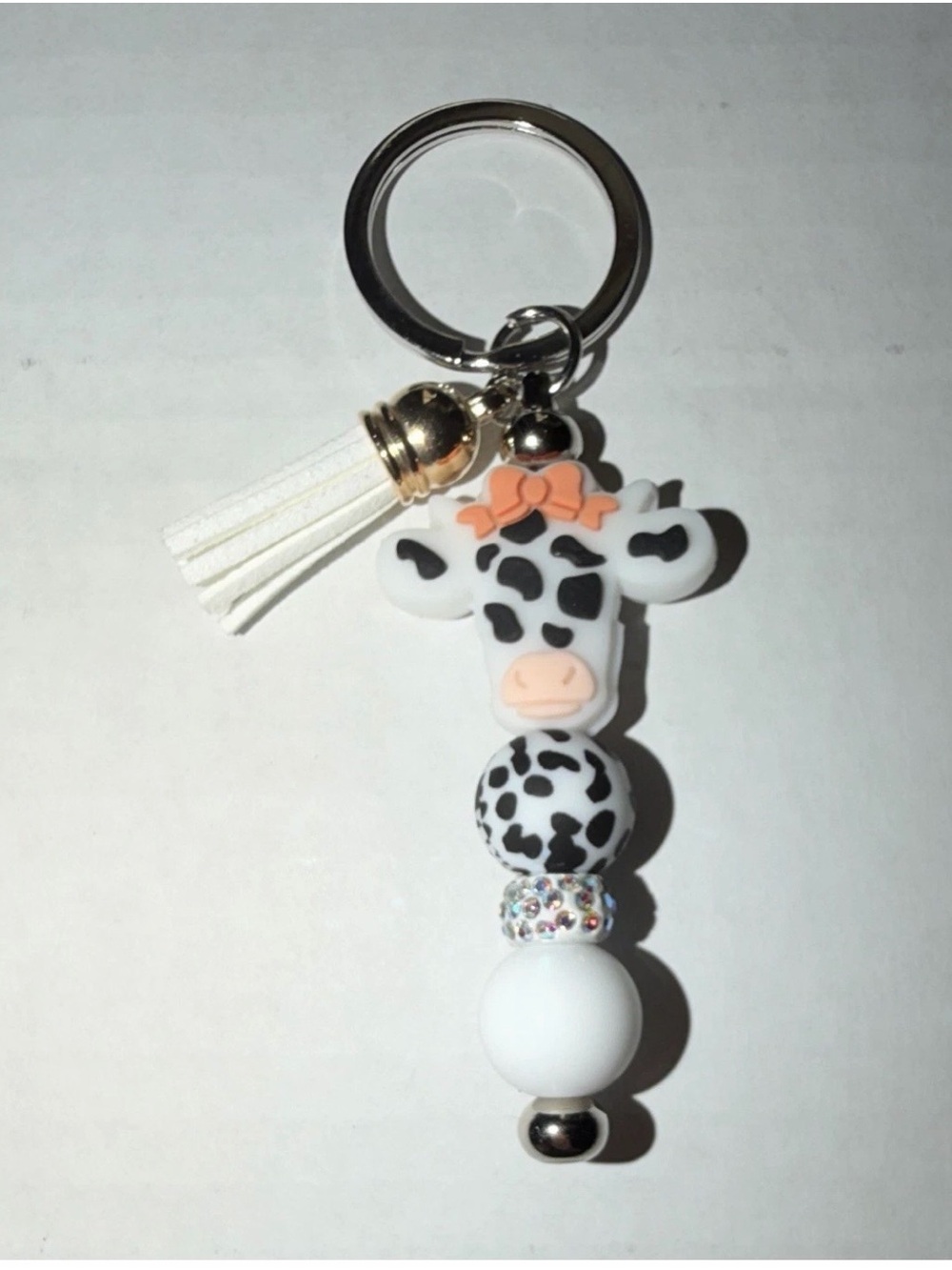 Handmade Cute Cow Tassel Keychain - White Cow Print Bag Accessory
